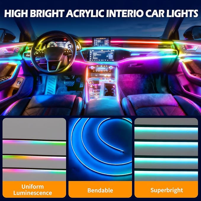 DREAMOTOR Dreamcolor Acrylic Interior Car LED Strip Lights with APP&Remote Control RGB 10 in 1 Ambient Lighting Kits Fiber Optic Strip LEDs Music Sync Car Neon Lights for Cars,SUVs,Trucks