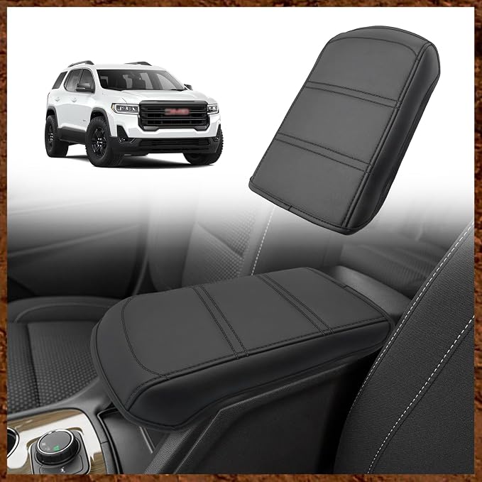 Muslogy Center Console Armrest Cover Fit for GMC Acadia 2023 2022-2017 Accessories, Comfort Armrest Pad Console Lid Cushion Vegan Leather Regular Thick(Black/Black Trim)