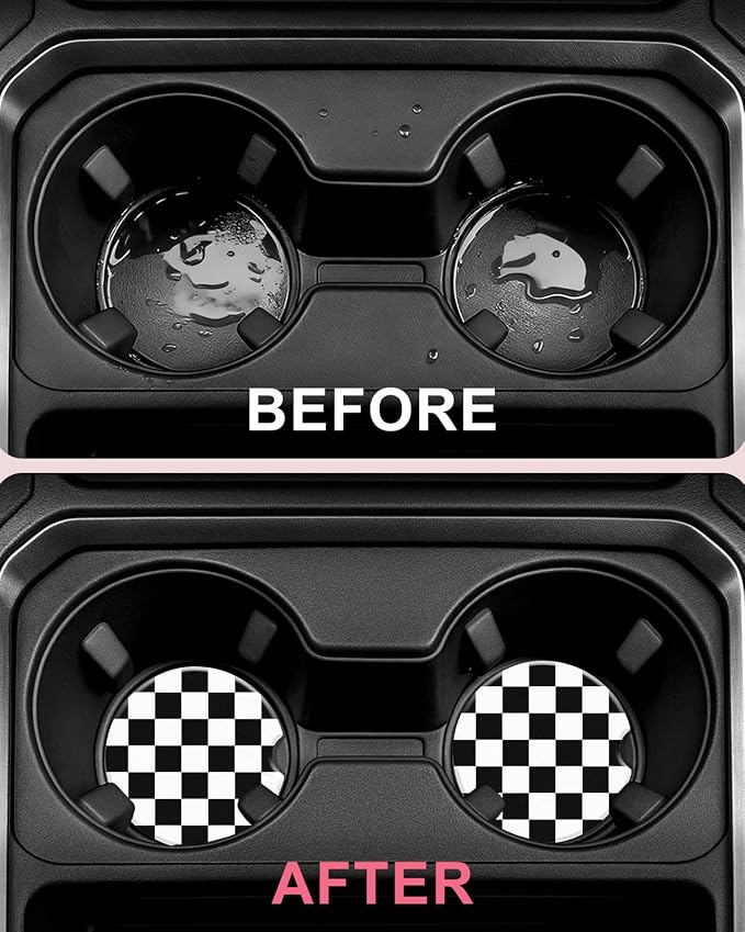 Swooflia Car Coasters for Women - Black and White Checkered Ceramic Car Cupholder Coaster Absorbent Mat Coaster with Cork Base 2 Pack 2.55 inch Automotive Cup Holder Accessories New Driver Gifts