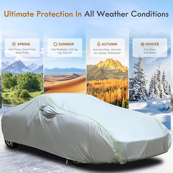 Tecoom Car Cover Waterproof All Weather, Windproof UV Sun Rain Snow Protection Outdoor Full Cover with Top Reflective Strip, Door Zipper, Fit for Coupe/Convertible/Sport Cars (183-193 Inches)