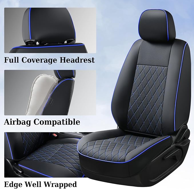 Coverado Tacoma Seat Covers Full Set, Faux Leather Seat Covers Custom Fit for 2005-2015 Toyota Tacoma Double/Crew Cab Base Prerunner SR5 Limited TRD Sport Interior Covers (Blue Line)