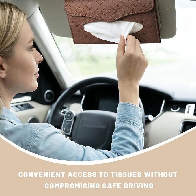 Car Tissue Holder, Auto Sun Visor Napkin Holder Hanging Paper Towel Dispenser with Tissue Refill, Easy Access Leather Paper Towel Storage Case for Most Vehicle Visors (Brown)
