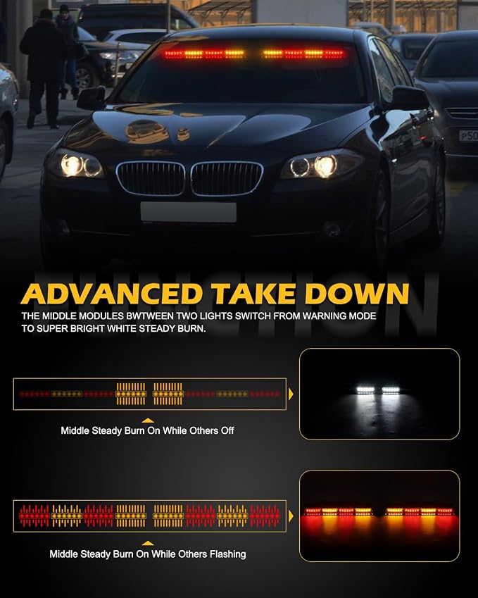 HLauto 604N Emergency Dash Strobe Lights: 2x16.8 inch Amber Red Security Light w/Take Down, 48 LED Safety Flashing Warning Hazard Interior Windshield Light Bar for Trucks Vehicles