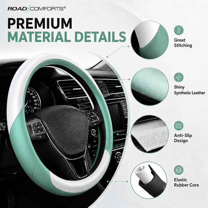 Road Comforts Steering Wheel Cover – Breathable Leather Steering Wheel Cover, Anti-Slip Grip, Universal Fit 14.5” to 15”, Heat & Cold Resistant for Cars, SUVs, and Trucks –Shining White & Mint