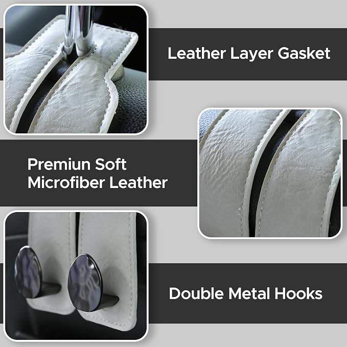 Leather Car Purse Hook for Headrest, 2 Pack (Grey-Black) | Twin Hooks Headrest Hangers, 2/4 Pack, No-Slip, Scratch-Proof, Holds Purses, Backpacks, Grocery Bags, Car Organizer Gift
