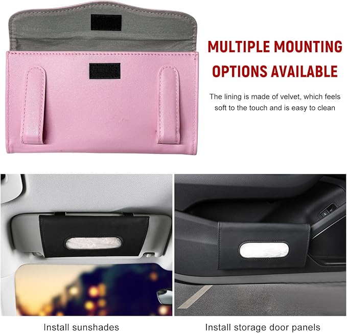 Car Visor Tissue Holder, Leather Auto Paper Towel Case Sun Visor Napkin Dispenser with 1 Pack Tissues, Rectangular Backseat Paper Towel Storage Holder for Most Vehicles (Pink)