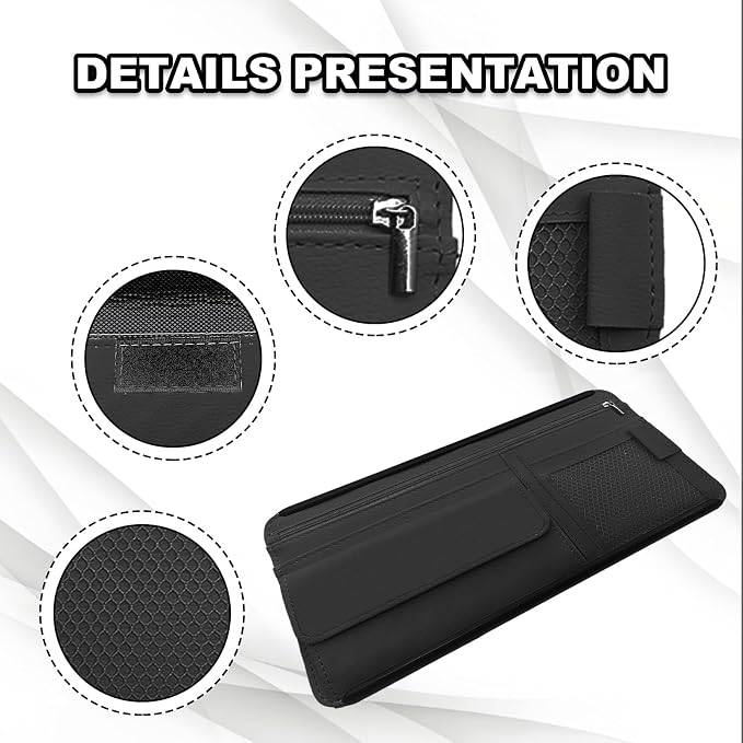 Car Sun Visor Storage Bag, Soft Leather Surface Organizer, Scratch-Resistant Auto Sunshade Organizer Bag, Can Store ID Card, Eyeglasses, Pen, Driving License etc (Black)