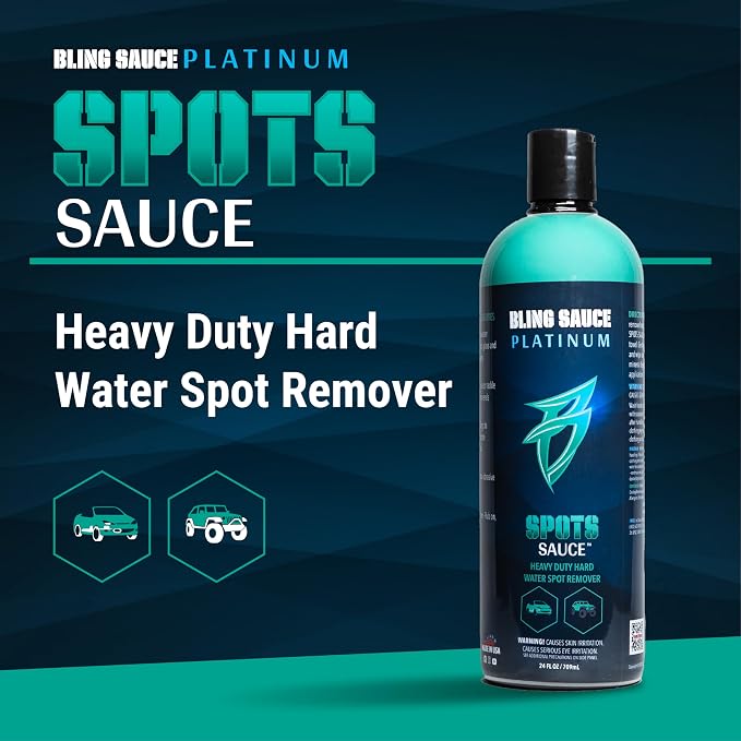 Bling Sauce Platinum Spots Sauce, Heavy-Duty Hard Water Spot Remover for Cars, Trucks, SUVs, 24oz. | Heavy duty mineral deposit remover clings to glass, chrome, paint and polished metal to dissolve hard water spots safely