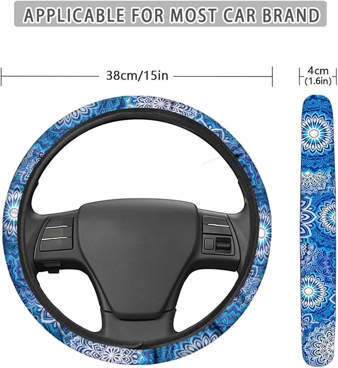 AFPANQZ Elastic Steering Wheel Cover Non-Slip Protection for Women Men | Comfort Anti-slip Safety Stretch-on 14-15 inch, Blue Boho Flower Easy Fix Machine Washable Steering Wheel Protection