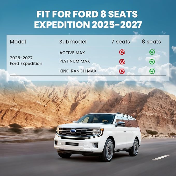 LASFIT Floor Mats for 8 Seats 2025 2026 2027 Ford Expedition MAX, All Weather TPE Custom Fit for SUV Car Liners, 1st& 2nd& 3rd, (Only Fit 3rd Row 40/20/40 Split Bench seat) 4pcs