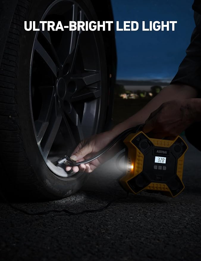 AstroAI 160PSI Tire Inflator Portable Air Compressor 12V DC Metal Cylinder | Auto Shut-Off 10Ft Cord LED Light Fast Inflation Air Pump for Car Tires, Bicycles, Motorcycles and Other Inflatables(Yellow)