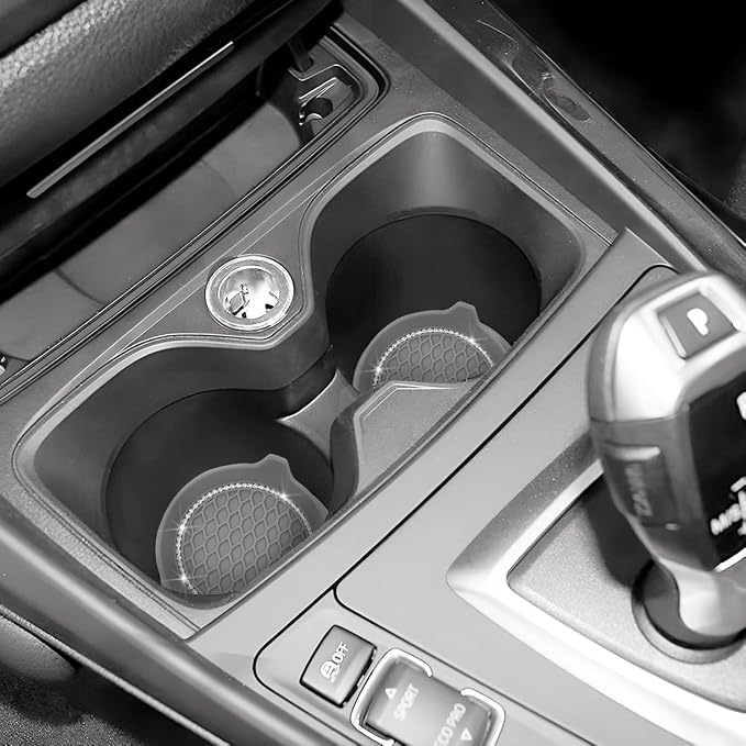 4PCS Bling Car Cup Holder Coaster, Crystal Rhinestone Insert Dustproof Non-Slip Drink Cup Mat, Diamond Shockproof Auto Interior Water Bottle Pad Cushion Coaster, Universal Fit (Gray)