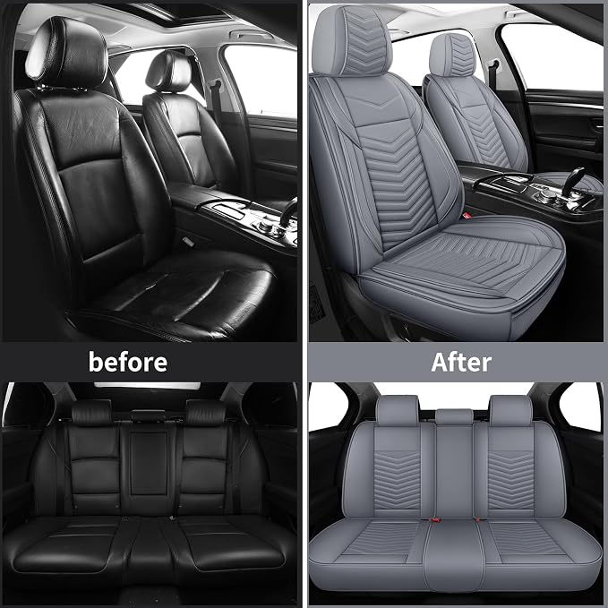 HChengkikz Nappa Leather Car Seat Covers Full Set, Gray Car seat Protector 5 Seats, Waterproof Car Seat Cushion, Universal Automotive Seat Covers Fit for SUV Truck Pick-up Sedan, Front and Rear | Easy Maintenance, Airbag Compatible, Universal Fit For M...