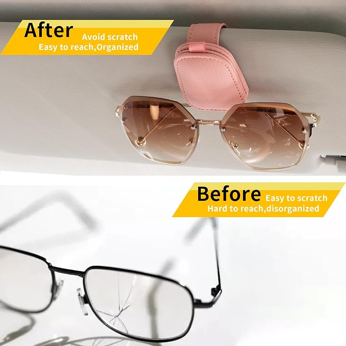 Yuoyar Sunglass Holder for Car, Magnetic Leather Sunglasses Holder and Ticket Card Clip, Car Visor Accessories, 2 Packs (Pink)