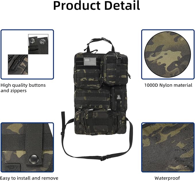Tactical Car Seat Back Organizer,Tactical Molle Seat Back Organizer with 6 Detachable Molle Pouch,Universal Fits for Car Truck Jeep Vehicle
