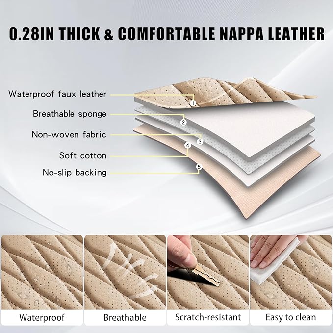 WELLDO Nappa Faux Leather Car Seat Covers Full Set, Beige | Waterproof, Non-Slip Seat Protector, 0.28in Thickened Cushion, Airbag Compatible, Universal for Cars SUV Truck Pickup