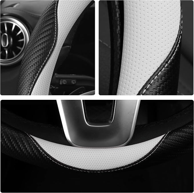 HighnessHwoo Car Steering Wheel Covers for Women Girl Padded Carbon Fiber PU Leather Cute Cartoon Auto Interior Accessories for Jeep, Truck, Universal, Anti Slip, White, Large Size, 15.2-16in