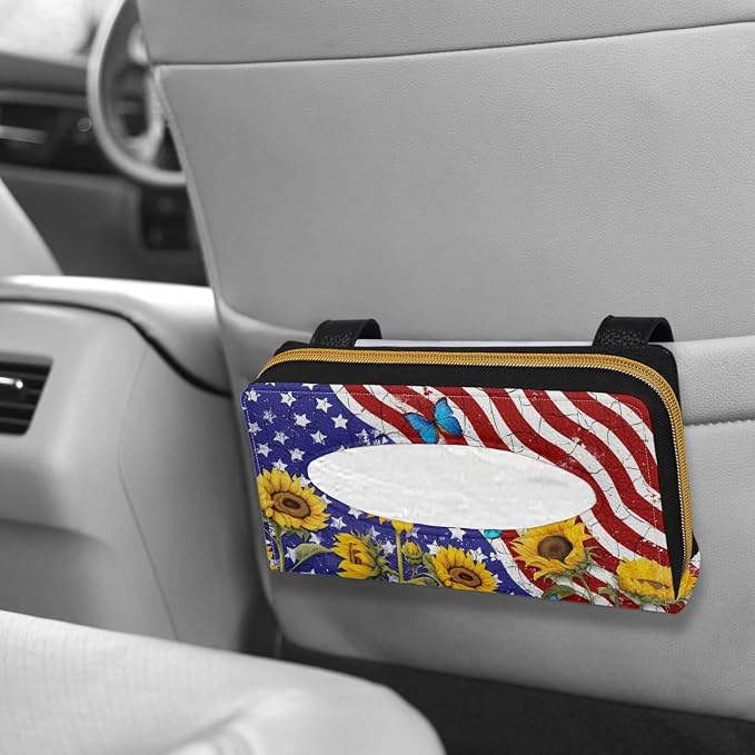 American Flag Car Tissue Holder Sunflower Sun Visor Tissues Box Cover for Car Sun Visor Napkin, Mask Dispenser Universal Car Interior Accessories