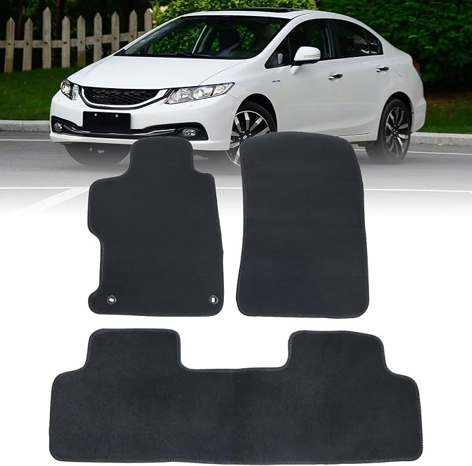 GXARTS 3PCS Front and Rear Velour Floor Mats Carpet Black Replacement Compatible with Honda Civic 2012 2013 2014 2015 Anti- Slip