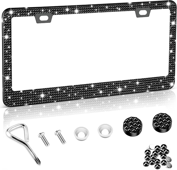 Amiss Bling License Plate Frame for Women, 1Pack Rhinestone Handcrafted Crystal Premium Stainless Steel, Stainless Steel Car Accessories with Diamond Sparkle Glitter Caps (Black)