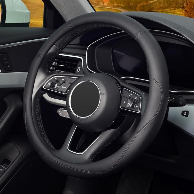 KAFEEK Black Steering Wheel Cover, Universal 15 inch, Microfiber Leather Black, Soft and Odorless, Durable Leather Cover with Anti-Slip Lining
