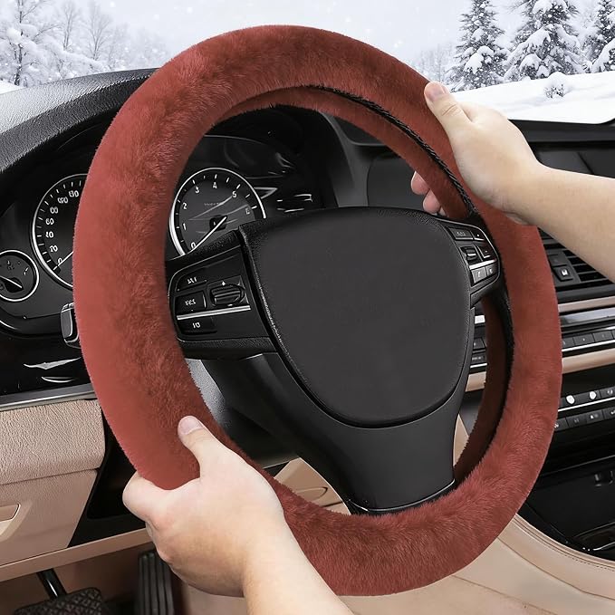 Furry Warm Steering Wheel Cover, Universal 14.5-15 Inch Winter Plush Warm Steering Wheel Cover, Soft Fluffy, Anti-Slip Design, Soft Texture (Coffee)
