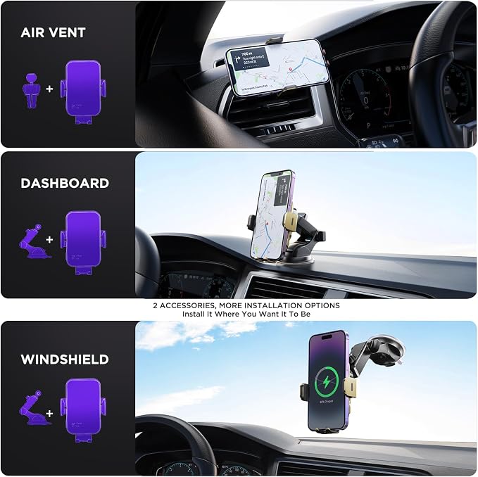 Wireless Car Charger,【7 Colored RGB Backlit】 15W Auto Clamping Phone Holders for Your Car for iPhone 16 15 14 13 12 Mini Pro Max 11 XR XS X, Samsung Galaxy S24 Ultra S23 S22 S21+ Note 20, etc - Gold