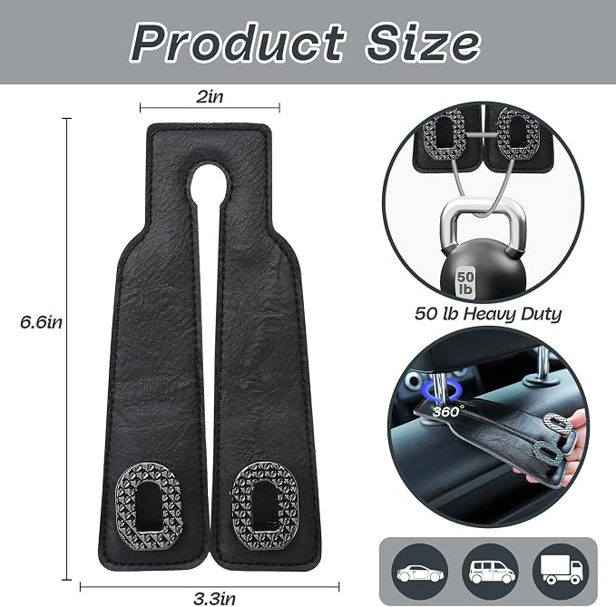 Car Headrest Hooks Universal Car Purse Hook Premium Leather and Alloy Twin Hook Car Seat Back Storage Hanger Hook for Purse Bags Cloth Drink Durable Holder Car Accessories (BH09-Black-Black)