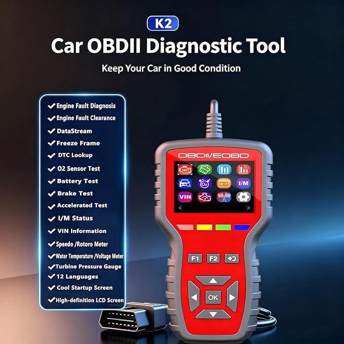 OBD2 Scanner and Battery Tester 2-in-1,Read and Clear Error Codes | Live Data, Freeze Frame,Car Code Reader and Engine Fault Diagnostic Tool for 1996+ OBDII Protocol Cars，red
