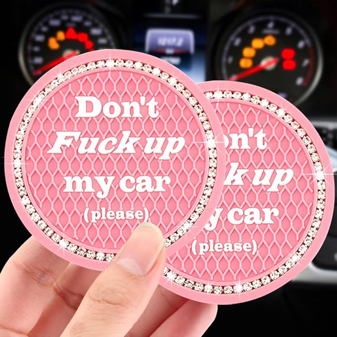 Ziciner 2 Pack Bling Car Cup Holder Coasters with Start Stop Button Cover, 2.75 inch Crystal Rhinestone Soft Rubber Auto Cup Insert Pad, Non-Slip Universal Vehicle Interior Accessories (Pink)