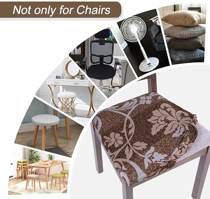 SearchI Seat Covers for Dining Room Chairs Stretch Printed Chair Seat Covers Set of 6, Removable Washable Upholstered Chair Seat Protector Cushion Slipcovers for Kitchen, Office(Brown+Flower)