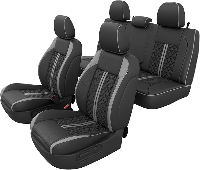 Custom Seat Covers for Tacoma 2016-2023 3rd Gen Double Cab SR5/TRD Off-Road/SR/TRD Sport/TRD PRO Full Set with Console Covers, Waterproof Leather Back and Front Seat Protectors Black Grey