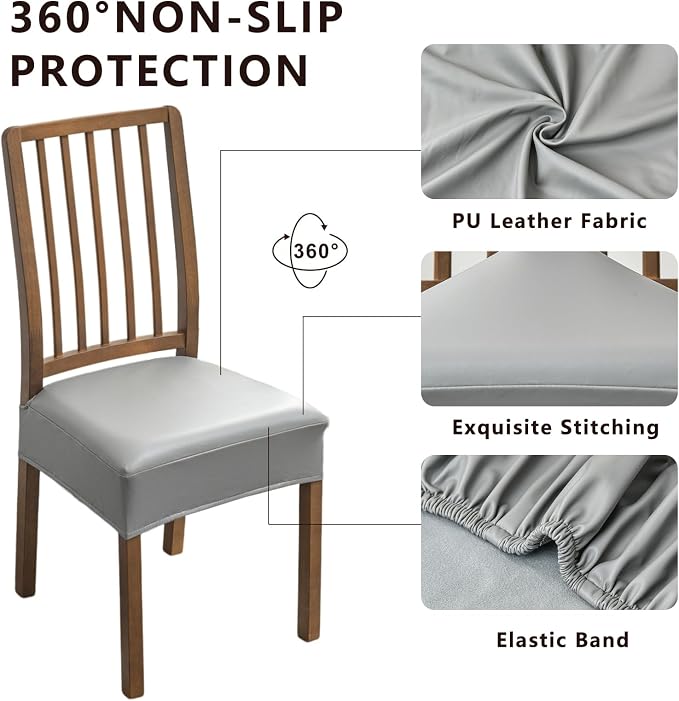 NILUOH Waterproof Seat Covers for Dining Room Chairs Set of 4, Pu Leather Chair Seat Slipcovers Dining Chair Cover Removable Washable Chair Protctor Cover, Rear Covers (PU-Gray)