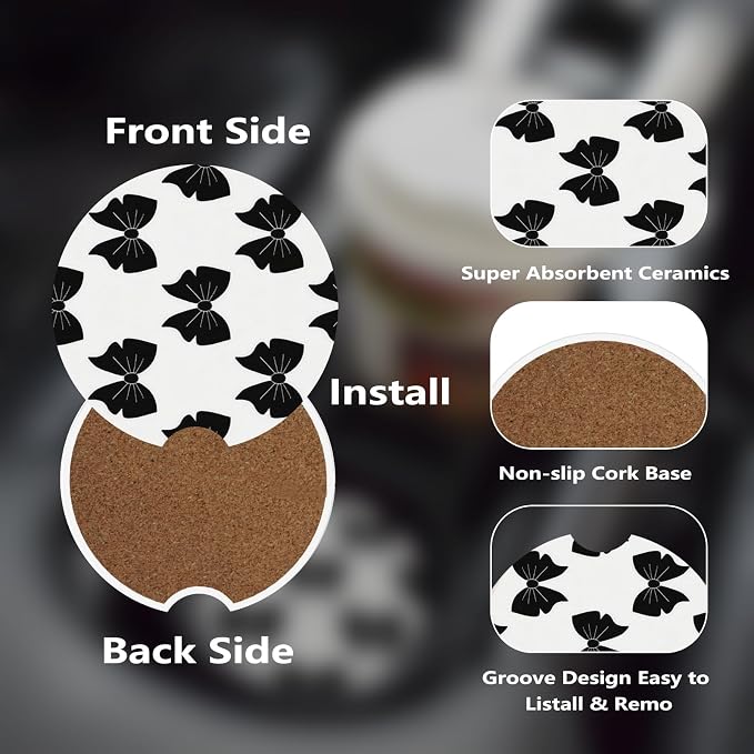 Ceramic Car Cup Coasters 2PCS - Black Bow | with Cork Back & Finger Slot, Anti-Slip Shock Absorbing, Universal Car Interior Accessories for Men Women