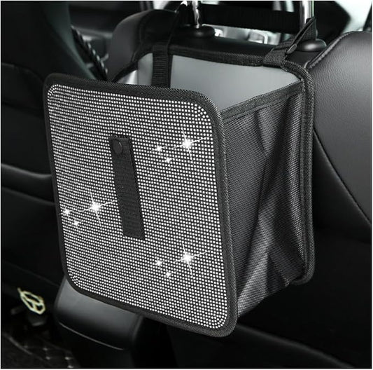 Car Trash Can, Bling Rhinestone Crystal Waterproof Hanging Garbage Bag for Car Interior, Oxford Leakproof Foldable Waste Organizer Trash Bin Universal for Most Vehicles (White)
