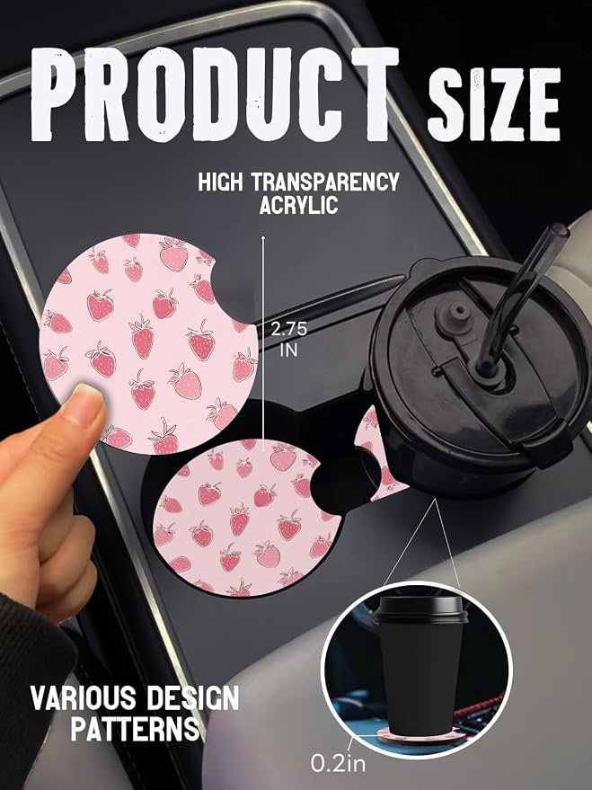 Car Cup Coasters,2 Pack Car Coaster,2.75inch Anti Slip and Absorbent Cars Coasters for Cup Holders,Car Accessories for Women,Cute Decor for Women (Sweet Strawberry)