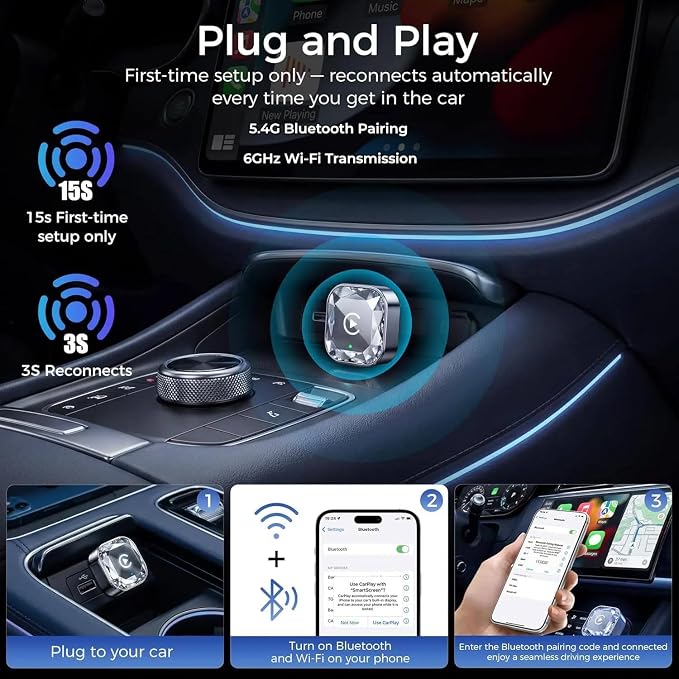 Wireless CarPlay& Android Auto Adapter, Plug in Once Go Wireless Forever | REZYZEN 2026 2in1 Wireless Adapter for iPhone& Android, Fast Heat Dissipation, No Delay, USB A/USB-C Port,