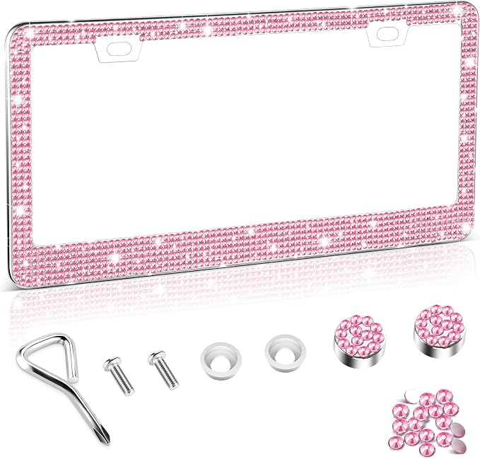 Amiss Bling License Plate Frame for Women, 1Pack Rhinestone Handcrafted Crystal Premium Stainless Steel, Stainless Steel Car Accessories with Diamond Sparkle Glitter Caps (Pink)