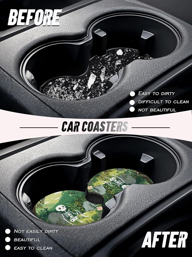 Car Cup Coasters,2 Pack Car Coaster,2.75inch Anti Slip and Absorbent Cars Coasters for Cup Holders,Car Accessories for Women,Cute Decor for Women (Forest Skull)