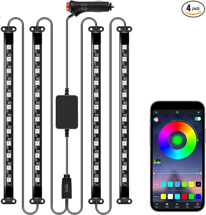 LivTee Accent Interior Car Lights, Smart Car Interior Lights with App Control, RGB LED Lights with Music Mode and DIY Mode, 2 Lines Design LED Lights for Cars with 12V Cigarette Lighter Adapter