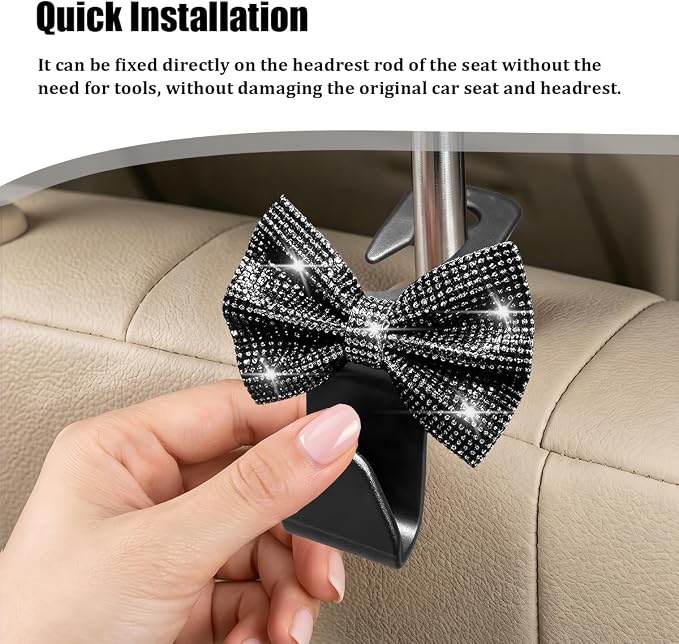 2PCS Bling Bow Headrest Hooks, Car Seat Bag Hangers, Black | Pvc and rhinestone construction, butterfly bow decoration, rear seat storage, bag and coat hanging, car interior accessories