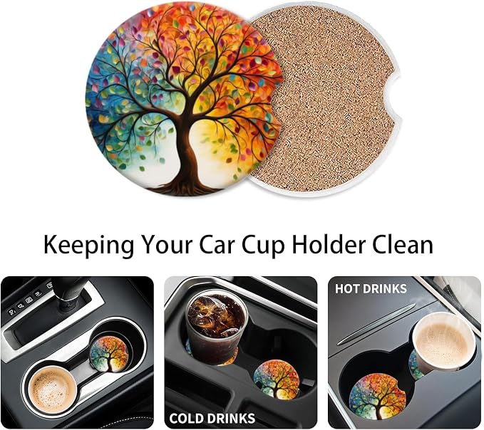 Cup Holder for Car,Tree of Life with Leaves Ceramic Coasters Non-Slip Cup Holder Insert with Fingertip Grip, Auto Interior Accessories for Women & Men,Pack of 2, 2.56In