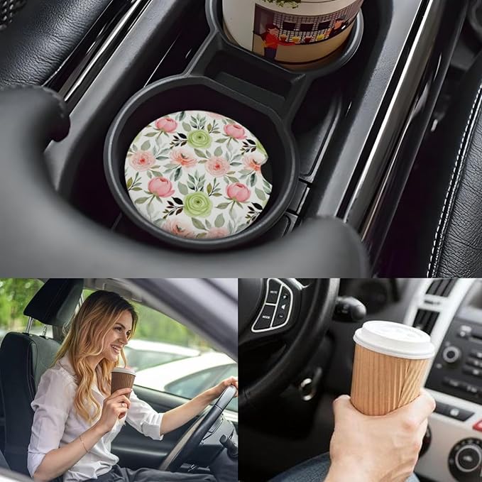 Ceramic Car Cup Coasters 2PCS - Hibiscus Rose | with Cork Back & Finger Slot, Anti-Slip Shock Absorbing, Universal Car Interior Accessories for Men Women