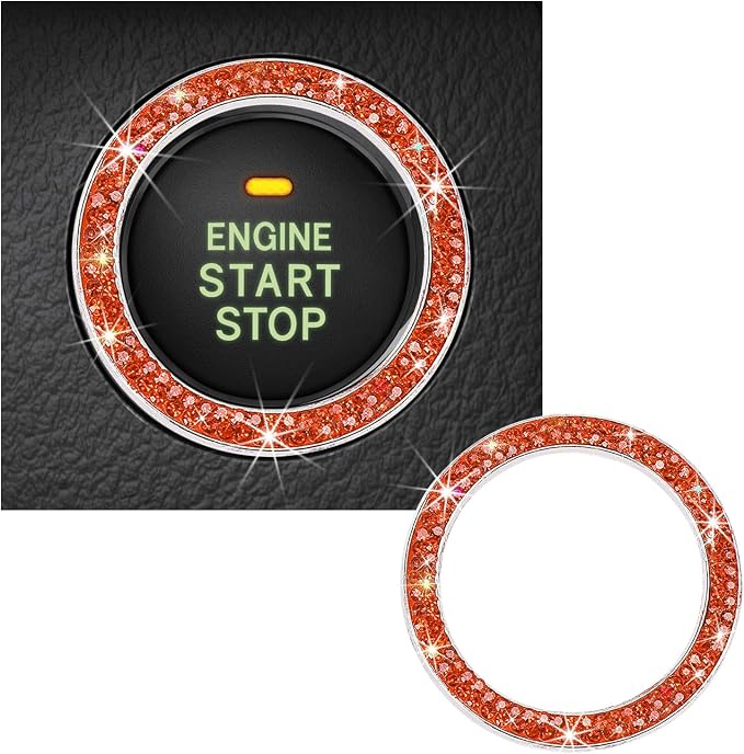 Kewucn Bling Crystal Double Rhinestone Car Engine Start Decoration Ring, Sparkling Push Start Button Sticker, Key Ignition & Knob Ring Decoration, Bling Car Interior Accessory (Orange)