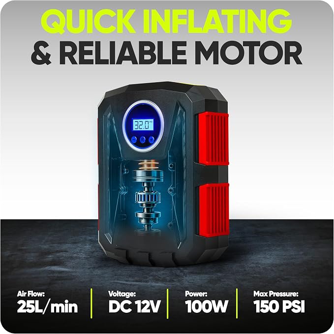 FORTEM Tire Inflator Portable Air Compressor, Air Pump for Car Tires and Bikes, Car Tire Pump w/Auto Shut Off, 150 PSI, 12V DC, LED Light, Carrying Case, for Men, Women