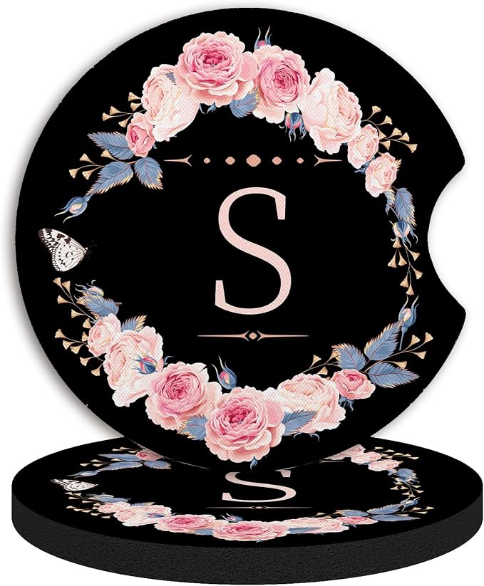 2pcs Letter S Car Coasters,Absorbent Universal neoprener Cup Holder Coasters with a Finger Notch,Car Accessories for Women&Man Interior，2.75"
