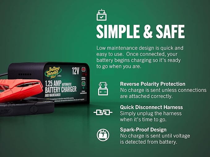 Battery Tender Plus 12V 1.25 AMP Car & Motorcycle Battery Charger and Maintainer, Float Charge for Automotive, and ATVs - Smarter Than a Trickle Charger