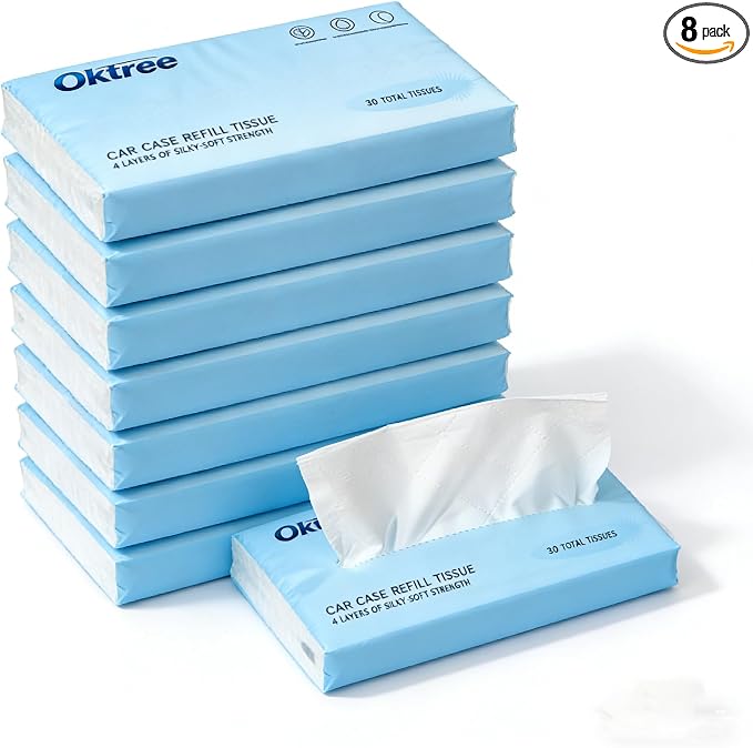 Car Tissues, 8 Packs x 30 Sheets (240 Total), 4-Ply Ultra Soft Facial Tissues, Compact Travel Size, Fits Cup Holder & Visor, Car, Home & Travel Use (1 Count (Pack of 8))