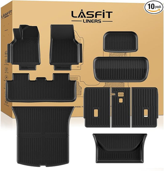 LASFIT 10PCS Floor Mats for Tesla Model Y Juniper 2026 2025, TPE Custom Fit All Weather Model Y Juniper Accessories with Cargo Mat Trunk Mats Full Set (Not Fit Standard Range)