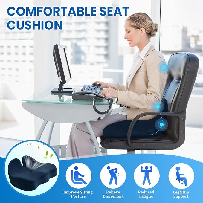CushZone Seat Cushion, Memory Foam Office Chair Seat Cushion for Office Chairs/Car/Long Trip/Desk Chair/Gaming, X-Large Size for Sciatica & Hip & Tailbone Pain Relief, Sciatica Support (Blue)